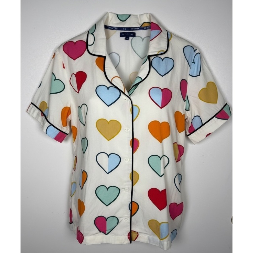 Katie Kime Pajama Top Womens Medium Heart Print Button Front Sleep Shirt PJ